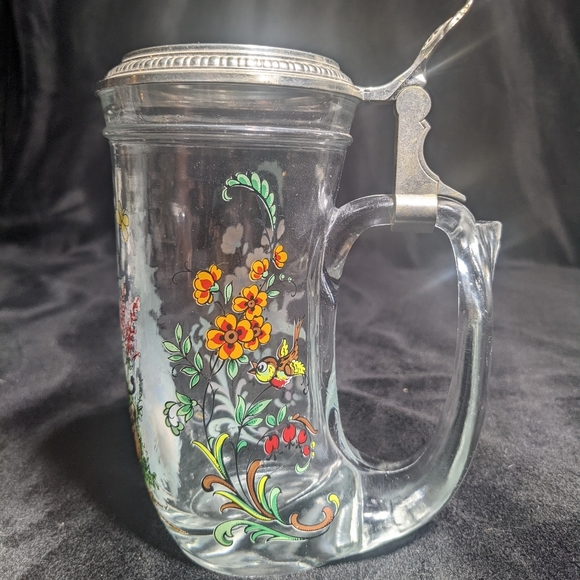 German Beer Stein Vintage Lidded Bird Hunter Forest Flower Butterfly Clear Glass - Picture 3 of 11